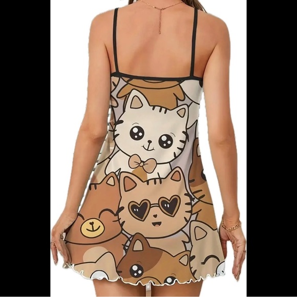 Brown, Multi-Colored, Kitty Print, Night Slip - Picture 2 of 5